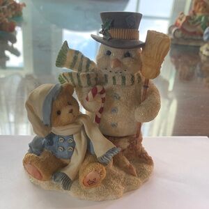 Cherished Teddies Snowman and Bear Figurine - Cream and Blue